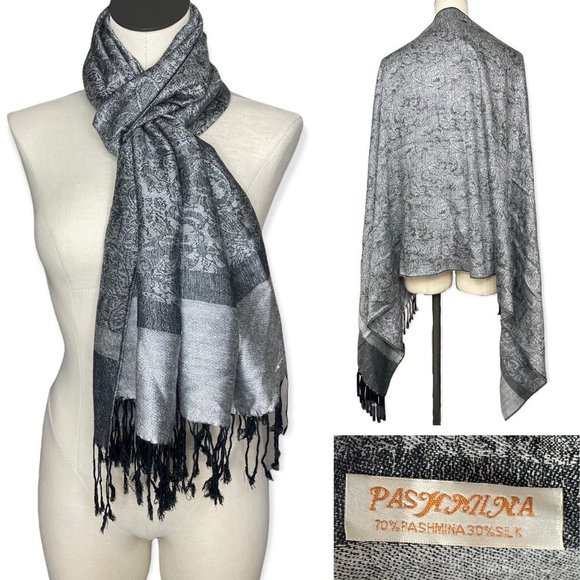 Vintage Accessories - 𝅺Vintage Pashmina Brand Cashmere Silk Scarf Warp Shawl Black White Print